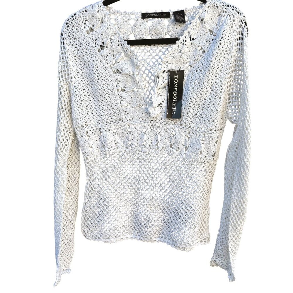 Tomfoolery Crochet Boho Festival Open Knit Long Sleeve Sheer‎ White Blouse L New